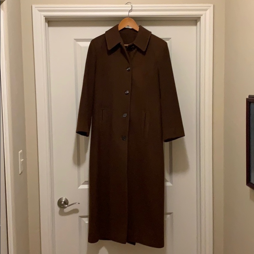 Chocolate brown long wool coat.